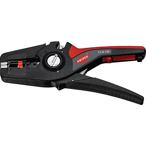 Pince à dénuder noire, rouge et grise. Le nom KNIPEX et le numéro d'article sont clairement visibles.