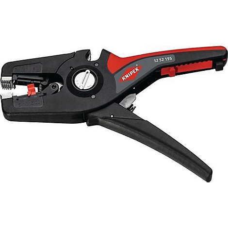 Pince à dénuder, noire et rouge. Le texte "KNIPEX 12 52 195" est imprimé sur la pince.