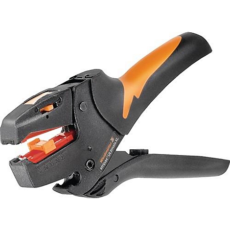 Pince à sertir noire et orange, ouverte. Poignée avec lettrage.