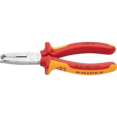 Pince Knipex, rouge-jaune, isolée 1000 V, en détail. Inscription : 13 46 165, Knipex.