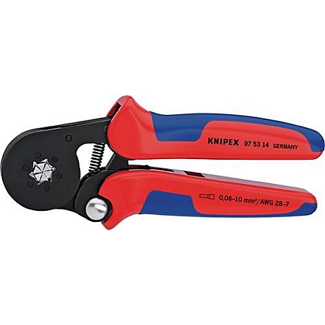 Une pince à sertir avec des poignées rouges et bleues et une tête noire. Texte imprimé : KNIPEX, 97 53 14 GERMANY.