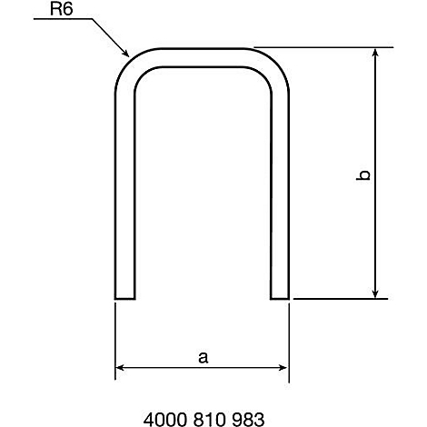 Pièce métallique en forme de U, dimensions avec 'a' et 'b' et 'R6' pour l'arrondi. Le numéro '4000 810 983' est en bas.