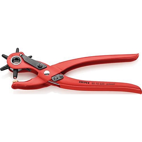 Pince à trou rouge, avec tête et poignées noires. Inscription Knipex 90 70 220. Trou dans le cuir.