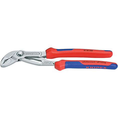 Pince multiprise réglable, argent avec poignées rouges et bleues, inscription "KNIPEX".