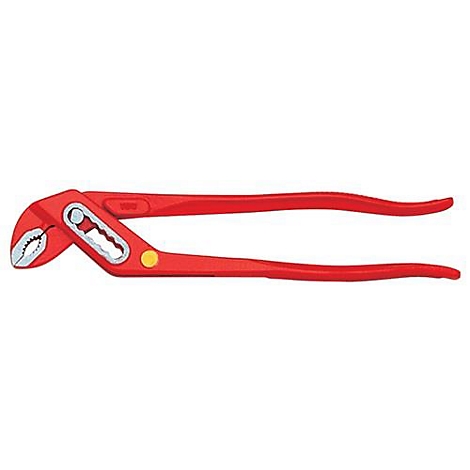 Pince multiprise rouge, ouverte, sur fond blanc. La pince a une poignée rouge et des mâchoires argentées.