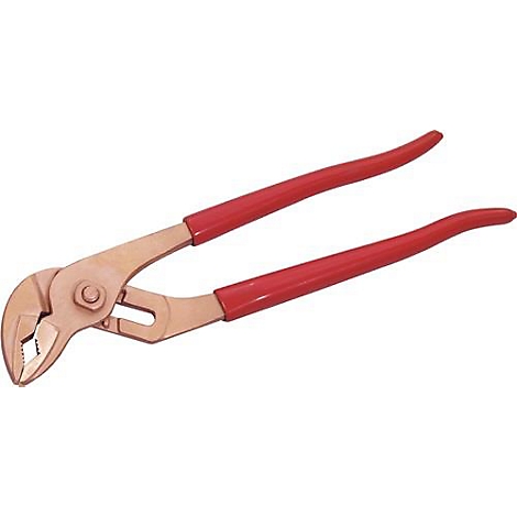 Pince, métal avec poignées rouges, ouverte. Pince pour saisir et tourner des tuyaux et des écrous.