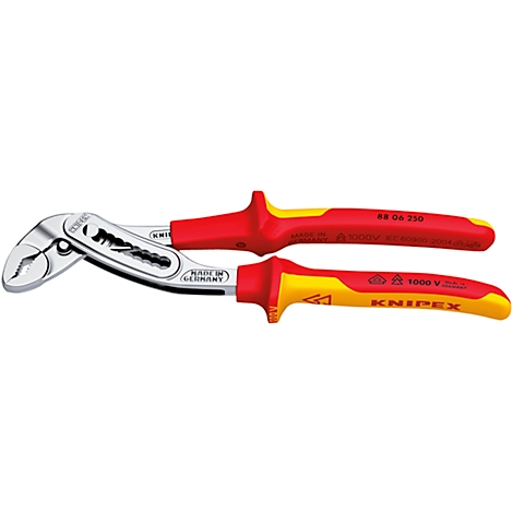 Pince multiprise avec poignées rouges et jaunes. Les inscriptions incluent "KNIPEX", "Made in Germany" et "1000 V".