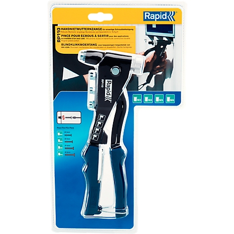 Riveteuse manuelle sur emballage blister. Outil noir et argent avec poignées bleues. Marquée 'Rapid' et détails techniques.