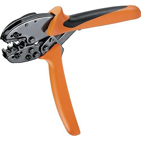 Pince à sertir avec poignées orange et tête noire. Montré ouvert.