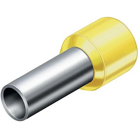 Tube métallique avec une extrémité en plastique jaune. Le tube est argenté, le plastique est jaune.