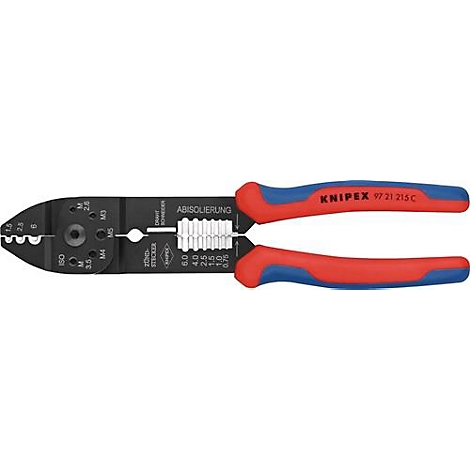 Pince à sertir avec des poignées rouges et bleues et l'inscription KNIPEX.
