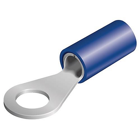 Cosse de câble bleue avec un trou rond et du métal argenté. Vue de dessus.