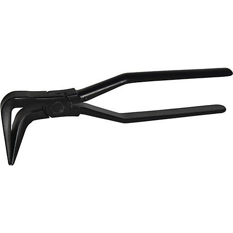 Pince à circlips noire avec pointes courbées, plan détaillé.