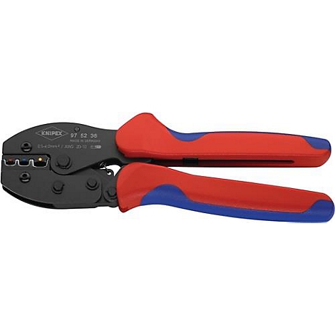 Pince à sertir avec poignées rouges et bleues. L'outil est noir et comporte des gaufrages.