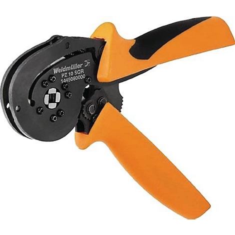 Une pince à sertir, noire et orange, avec des poignées et l'inscription "Weidmüller PZ 10 SQR".