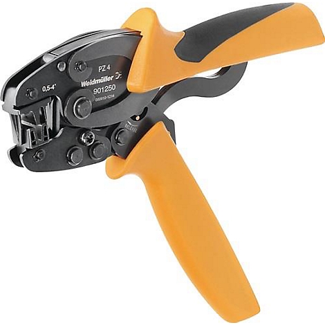 Pince à sertir avec poignées orange et métal noir. Étiquette "PZ 4 Weidmüller 901250".