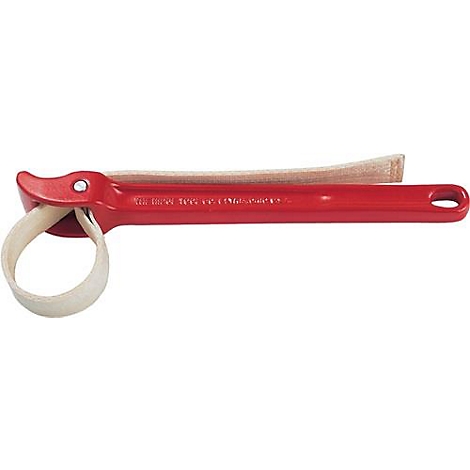 Clé à filtre à huile rouge avec une sangle beige traversant l'outil.