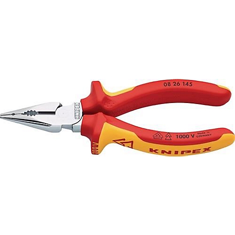 Pince Knipex avec poignées rouges et jaunes, tête de pince brillante. Impression : 08 26 145, 1000 V, Fabriqué en Allemagne. L'outil est sur fond blanc.