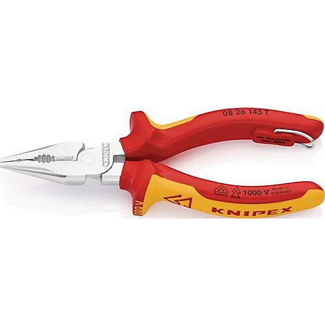 Gros plan sur une pince à bec rouge et jaune Knipex. Marquée '1000 V' et 'Made in Germany'.
