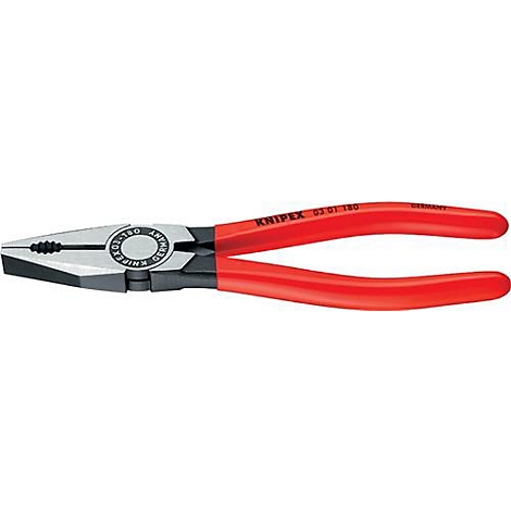 Pince Knipex avec des poignées rouges. Les mâchoires sont en métal, la poignée est en plastique rouge.