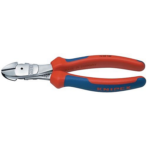 Pince coupante avec poignées rouge et bleu, tête de coupe argentée, lettrage Knipex.