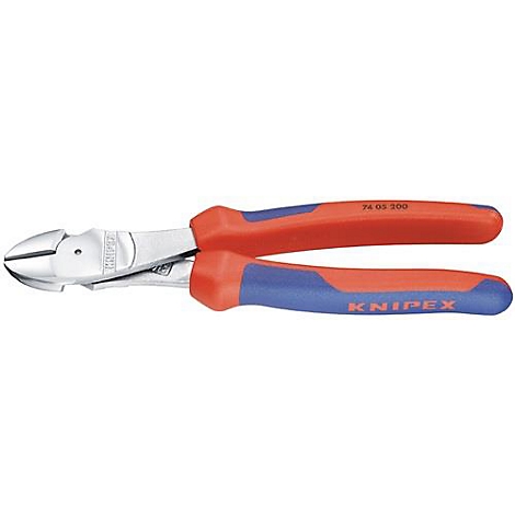 Pince coupante, rouge-bleu, avec inscription 74 05 200. Logo KNIPEX.