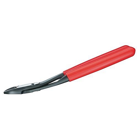 Gros plan sur une pince coupante avec une poignée rouge. La tête est gris foncé.