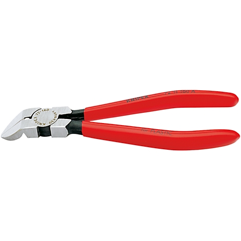 Pince coupante diagonale Knipex. Poignées rouges, tranchants métalliques. Inscription sur la tête.