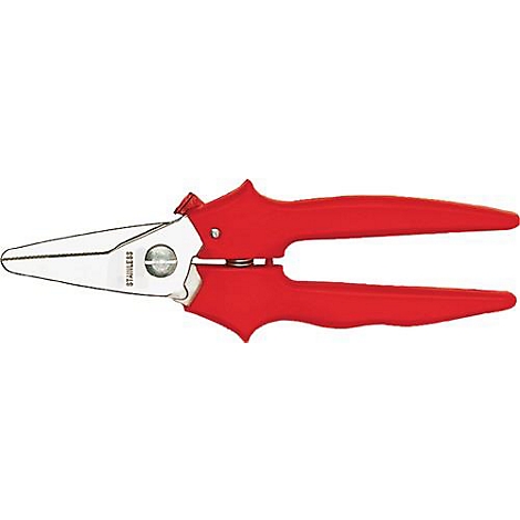 Sécateur rouge avec des lames argentées. "STAINLESS" est écrit sur une lame.