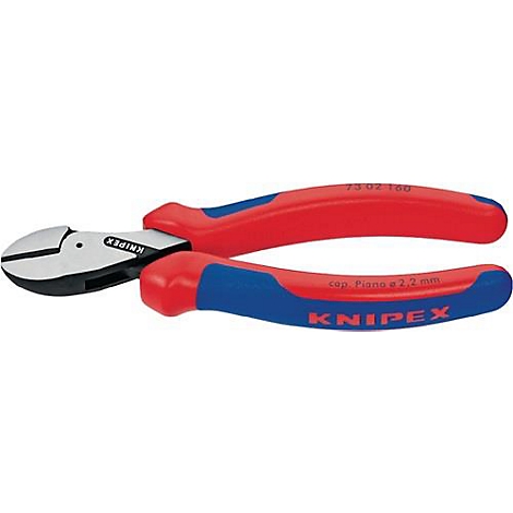 Pinces coupantes avec des poignées rouges et bleues. "KNIPEX" est écrit sur le métal.