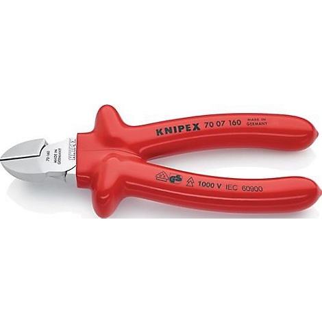 Pince coupante diagonale rouge, avec inscription 'KNIPEX', '70 07 160', '1000 V IEC 60900'.