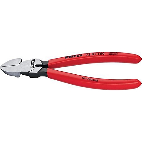 Pince coupante diagonale Knipex rouge avec une partie centrale noire, inscription 'pour plastique'.