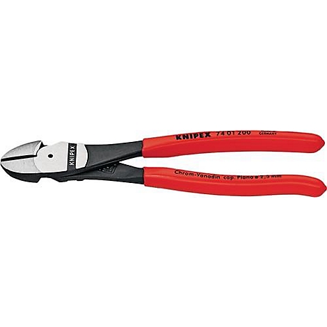 Pince rouge et noire avec des bords coupants argentés. Le corps de la pince porte la marque KNIPEX et d'autres informations.