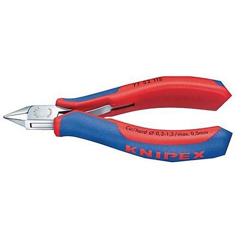 Pince coupante diagonale Knipex avec poignées rouges et bleues, mâchoires coupantes argentées et lettrage.