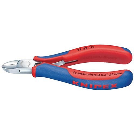 Une pince coupante latérale rouge et bleue sur fond blanc. La poignée est de forme ergonomique. La marque KNIPEX est visible sur la partie métallique.