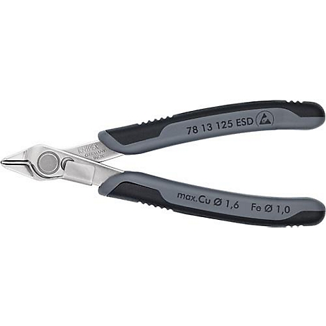 Pince coupante oblique, grise et noire, avec nom du produit et marquages.