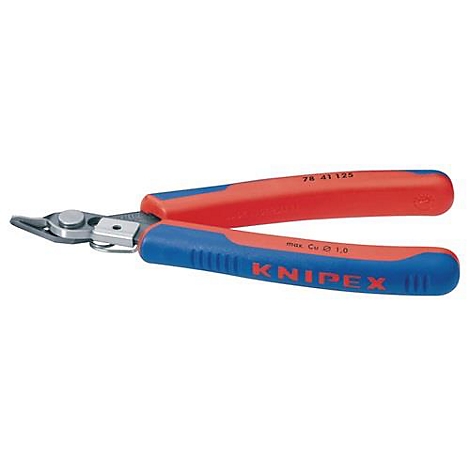 Pince coupante Knipex avec poignées bleues et rouges. Marquages sur les poignées : 78 41 125, Max Cu Ø 1.0, Knipex.