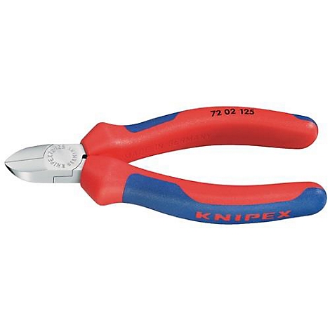 Pince coupante Knipex, rouge et bleu. Inscriptions "72 02 125" et "KNIPEX".
