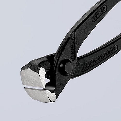 Gros plan d'une pince Knipex noire avec des mâchoires argentées. Imprimé : "KNIPEX", "MADE IN GERMANY" et "99-280".