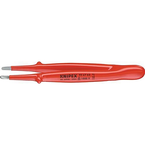 Pince à épiler isolée rouge avec pointes argentées, portant la mention 'KNIPEX' et les spécifications.