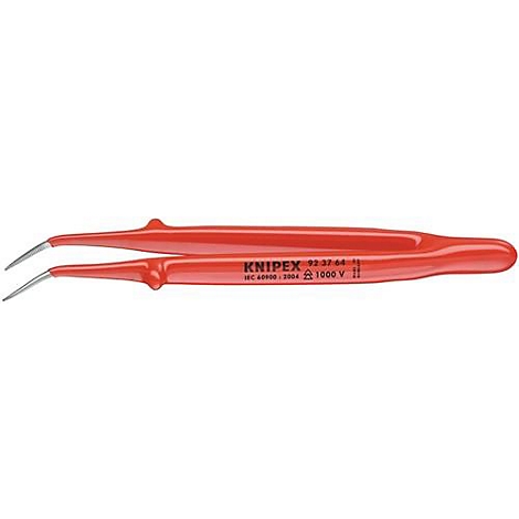 Pince à épiler rouge isolée. Inscription : KNIPEX, 92 37 46. MC 60906, 1000 V.