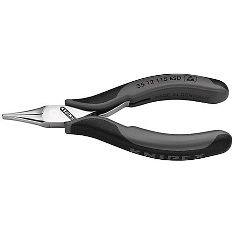 Pince à bec Knipex, noire et grise. "KNIPEX" est écrit sur la poignée. "KNIPEX" est également visible sur la tête de la pince.