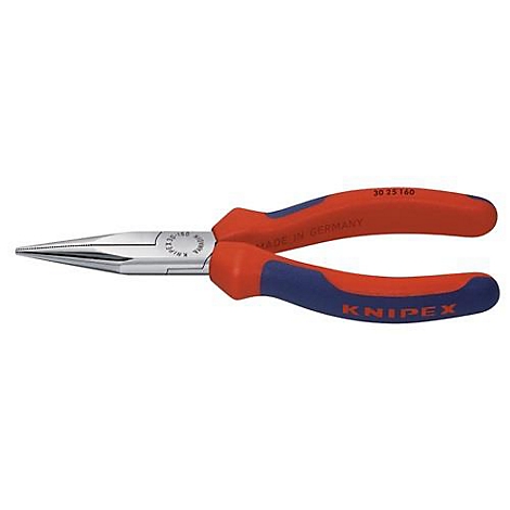 Une pince à bec effilé, rouge-bleu, avec l'inscription KNIPEX.