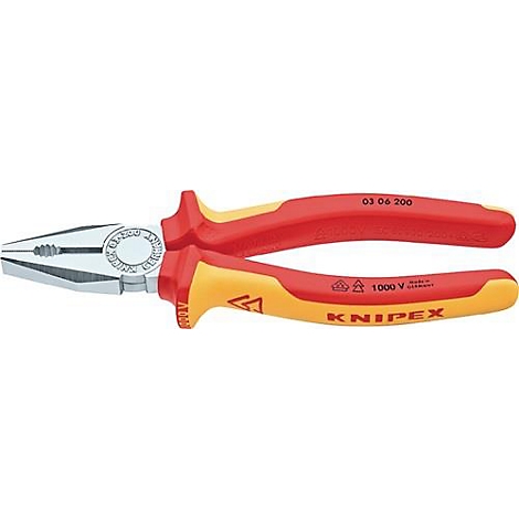 Pince Knipex, poignées rouge-jaune, têtes de pince grises, inscriptions: 03 06 200, 1000 V.