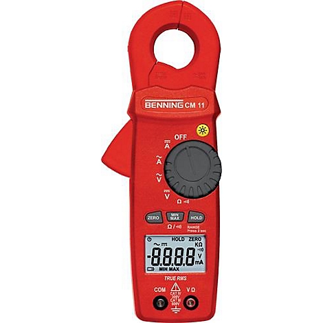 Pince ampèremétrique rouge BENNING CM 11, avec affichage numérique et bouton rotatif.