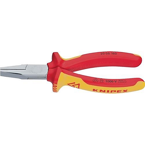 Pince Knipex avec poignées rouges et jaunes, tête de pince argentée, texte : "1000 V KNIPEX".