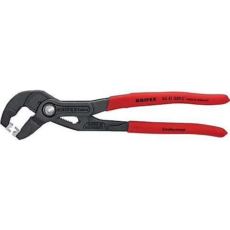 Pince avec des poignées rouges et l'inscription KNIPEX, 85 51 250 C. Fabriqué en Allemagne. Tête noire.