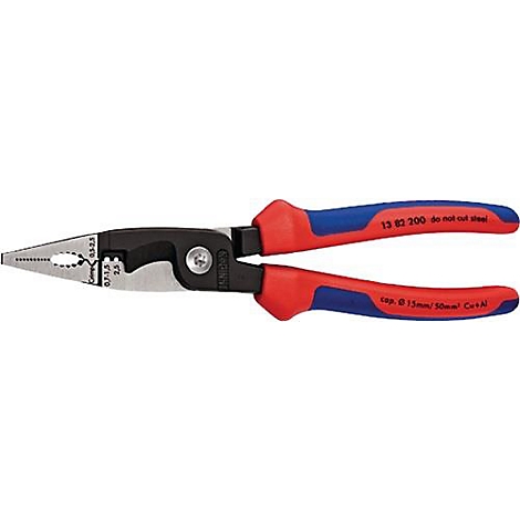 Pince Knipex avec poignées rouges et bleues. Des chiffres et des inscriptions sont visibles sur la pince.