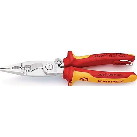 Une pince à bec rouge et jaune de Knipex. Des détails montrent du texte et des marquages.