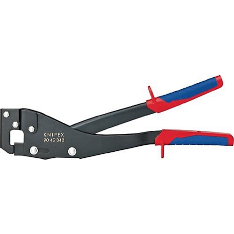 Pince à sertir Knipex noire avec poignées rouges et bleues. Inscription : Knipex 90 42 340.
